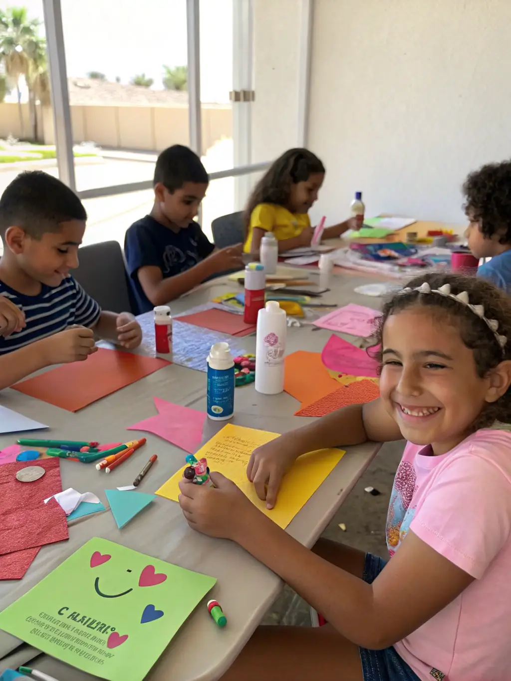 An image showing children participating in an arts and crafts workshop organized by COMITE DES FETES DES HOGUES, with volunteers assisting and smiles all around.