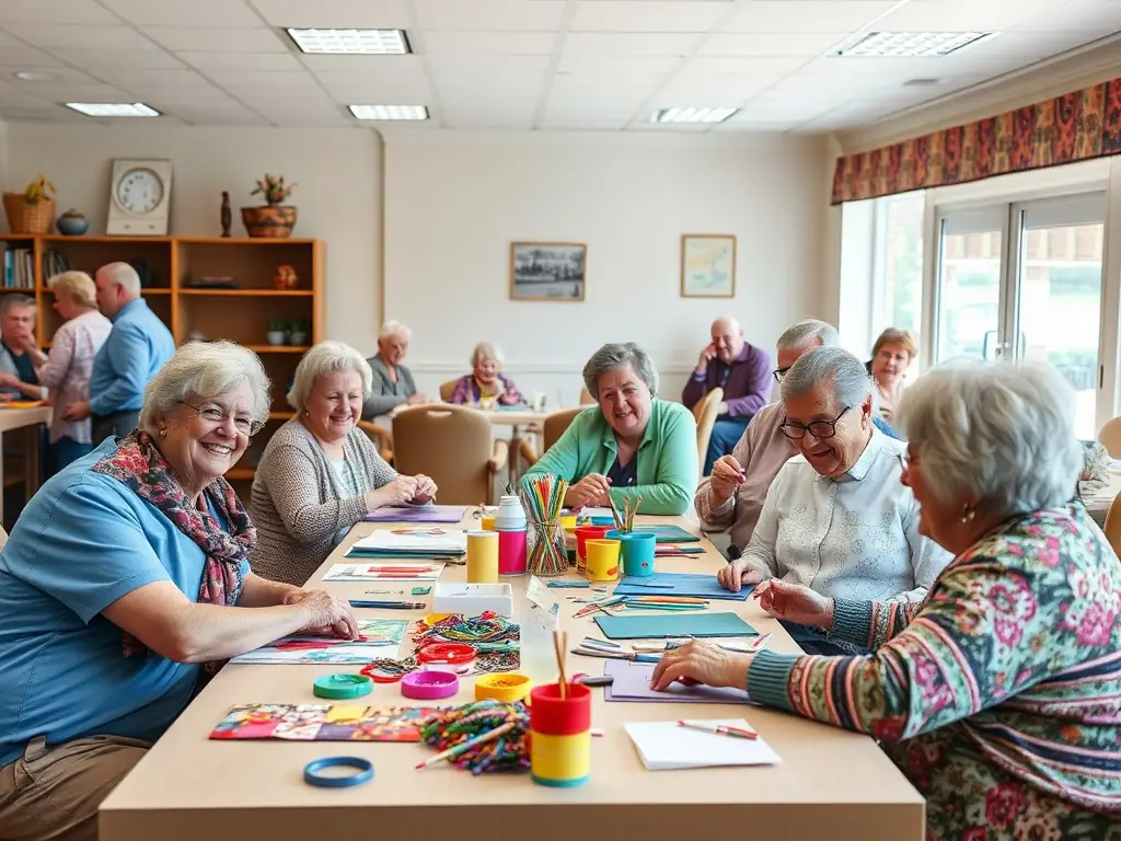A photograph of children and adults participating in an intergenerational workshop, learning traditional crafts and sharing stories, set in a cozy and inviting community center.