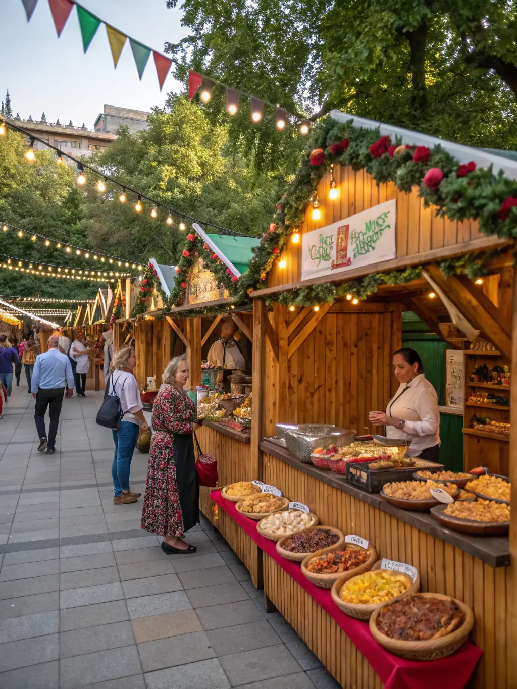 A vibrant image depicting a local food fair organized by COMITE DES FETES DES HOGUES, showcasing various food stalls, smiling attendees, and a lively atmosphere.