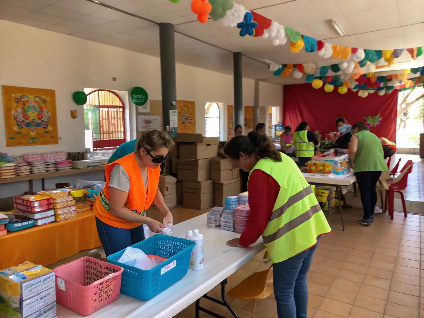 A dynamic image of volunteers working together to set up for a community event, showcasing teamwork and dedication, with the town's landmarks visible in the background.