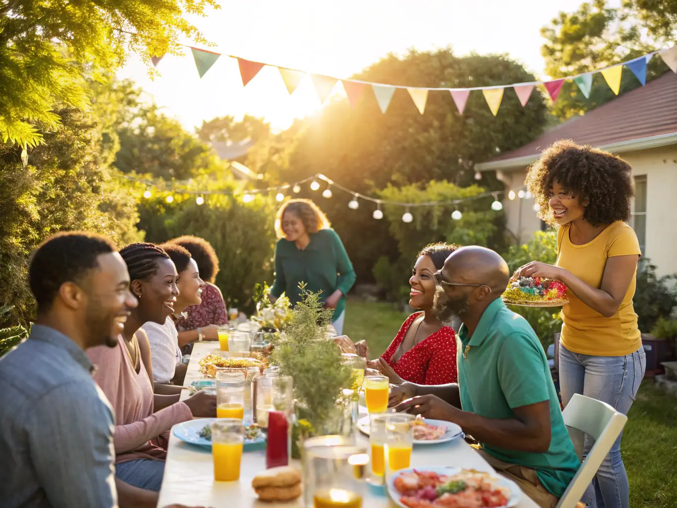 A vibrant image depicting a local food fair organized by COMITE DES FETES DES HOGUES, showcasing community members enjoying traditional food and drinks.
