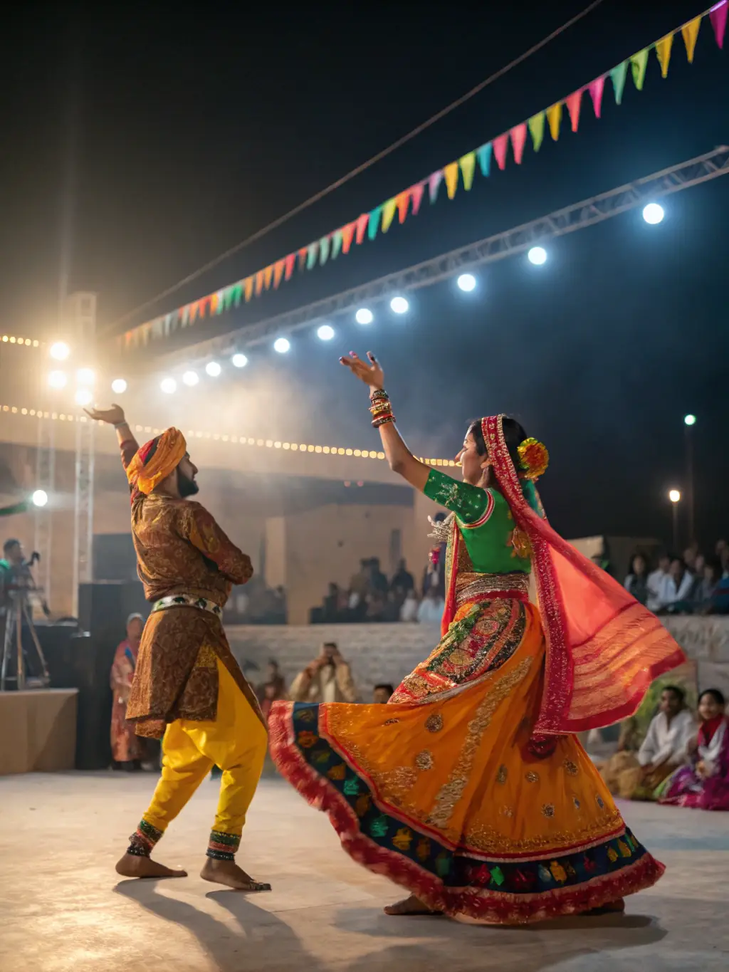 A photograph capturing a traditional dance performance during a COMITE DES FETES DES HOGUES event, featuring dancers in colorful costumes and a captivated audience.