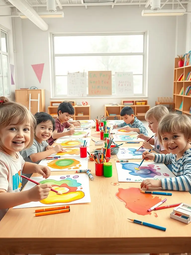 An image showing children participating in an arts and crafts workshop organized by COMITE DES FETES DES HOGUES, with volunteers assisting and encouraging creativity.