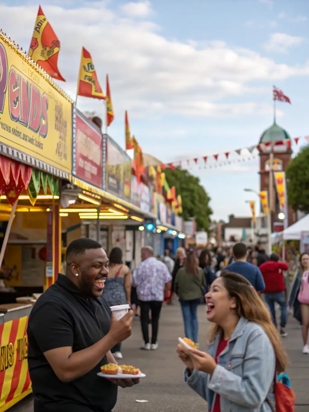 A vibrant image depicting a local food fair organized by COMITE DES FETES DES HOGUES, showcasing various food stalls, smiling attendees, and a festive atmosphere.
