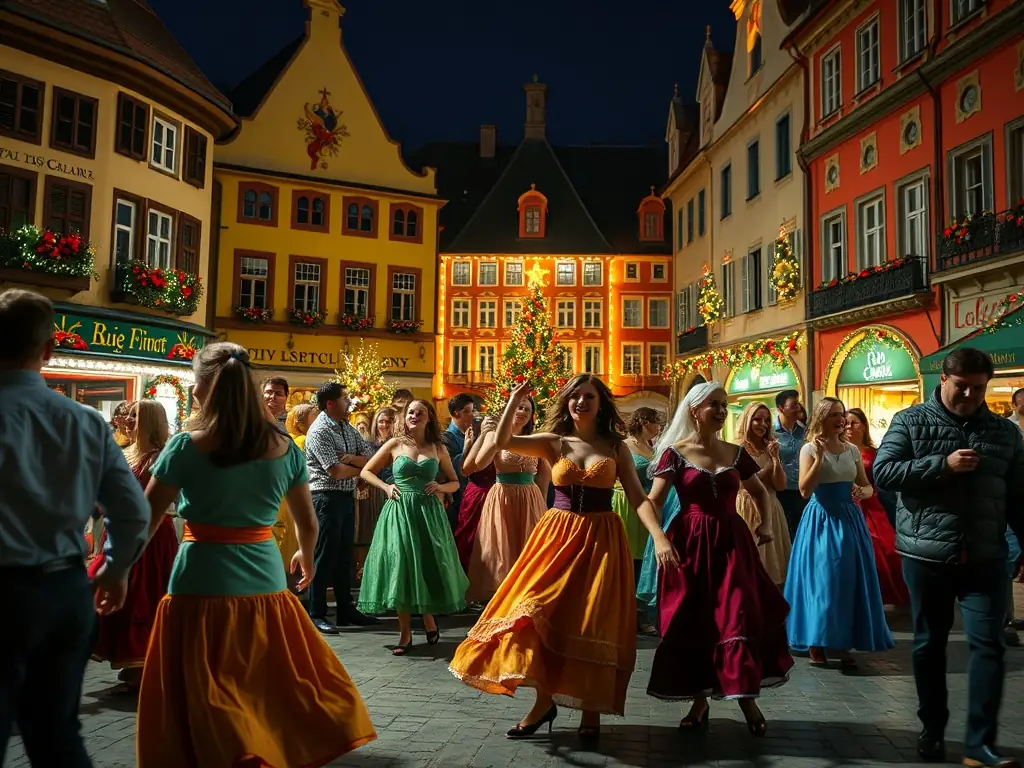 A vibrant image capturing the essence of a traditional French festival, with people of all ages participating in folk dancing, surrounded by colorful decorations and local food stalls.