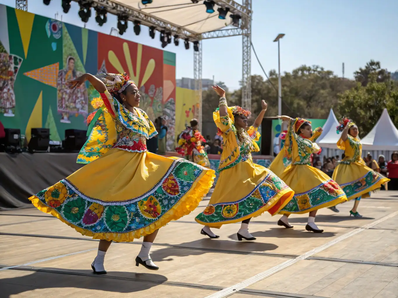 A photograph capturing a lively traditional dance performance during one of COMITE DES FETES DES HOGUES' cultural events.